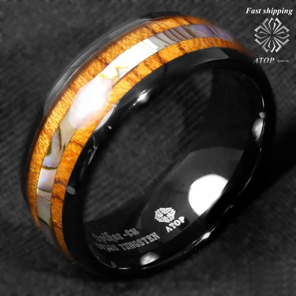 Black Tungsten Koa Wood Abalone Trendy Ring