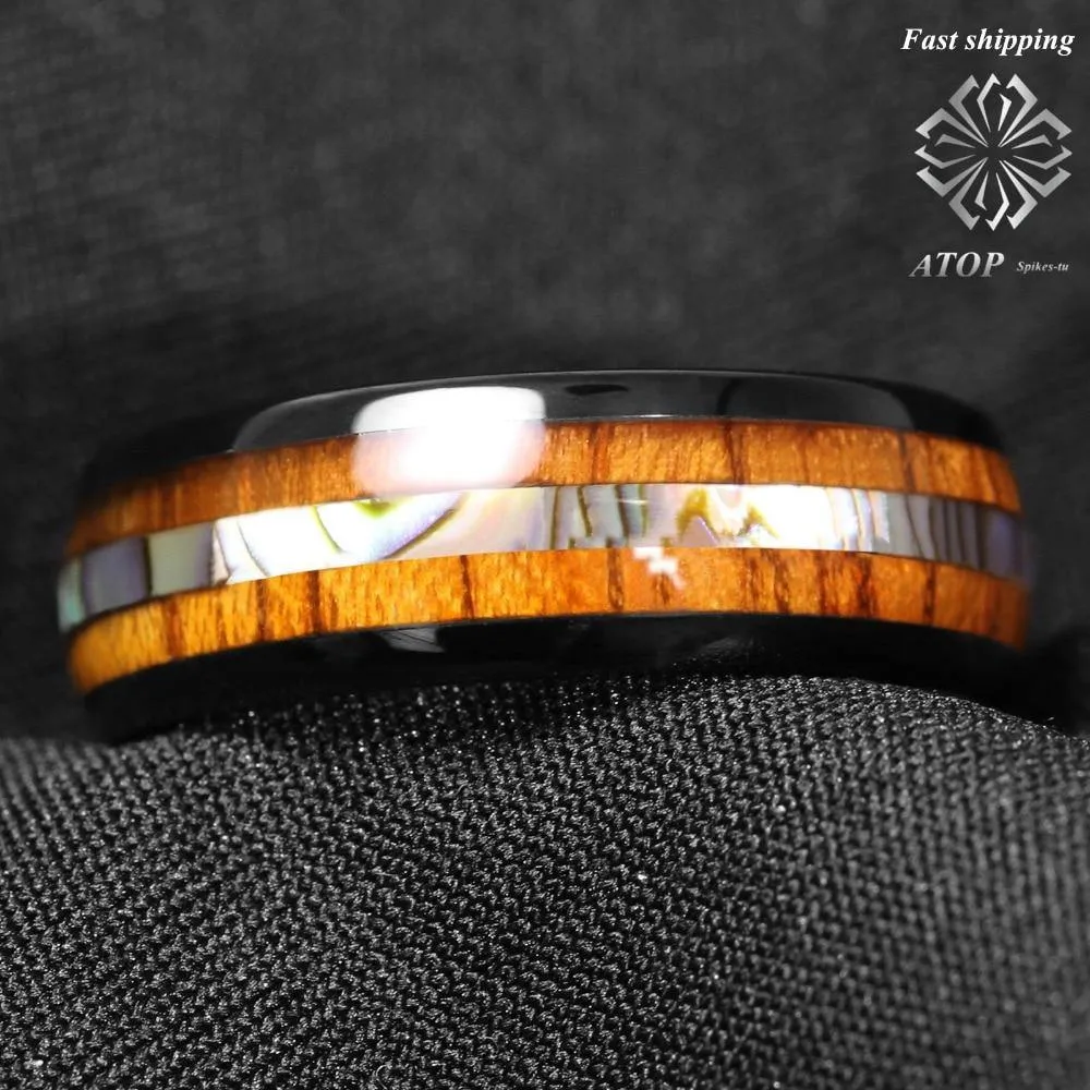 Black Tungsten Koa Wood Abalone Trendy Ring