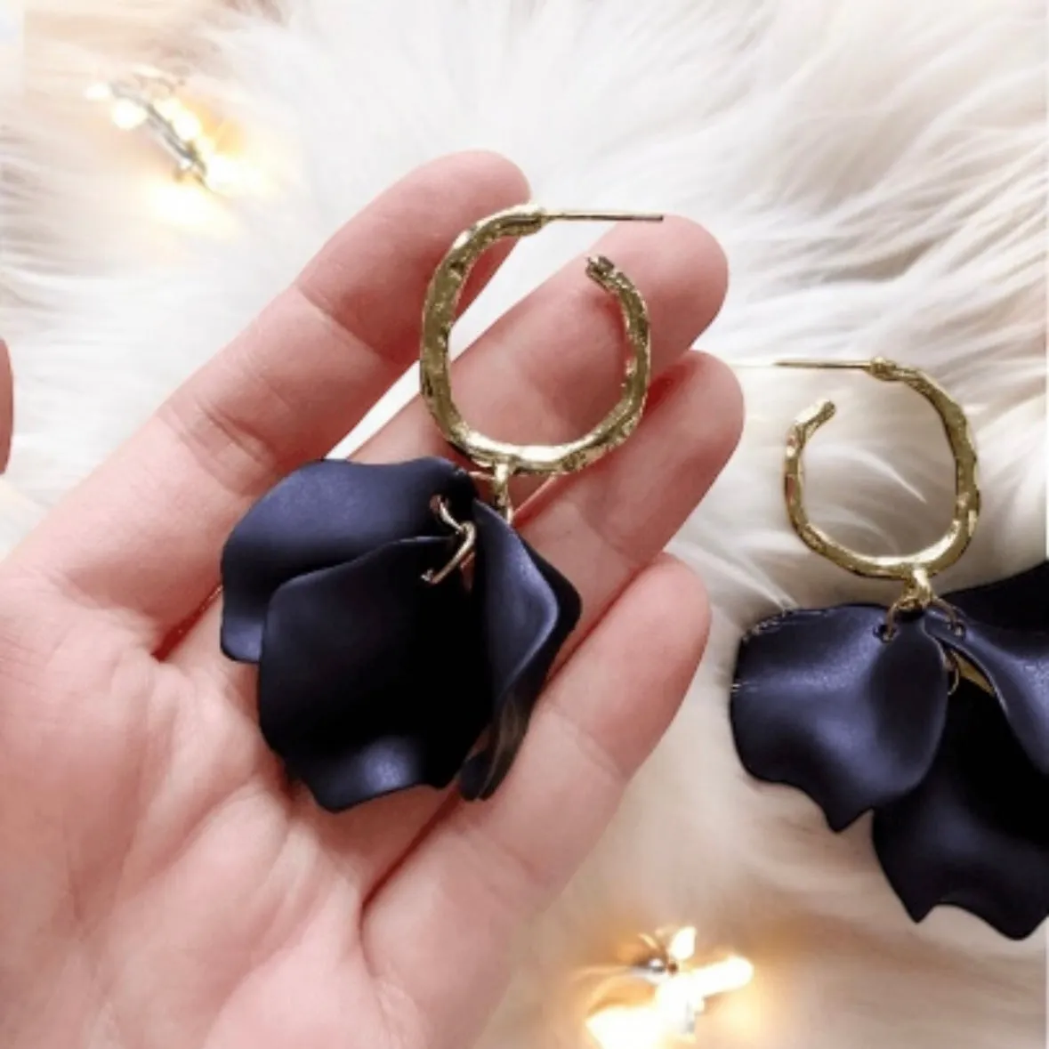 Blue - Navy blue flowers earrings | frosted irisdecent petals earrings | gold & blue floral earrings | bridal party wedding earrings