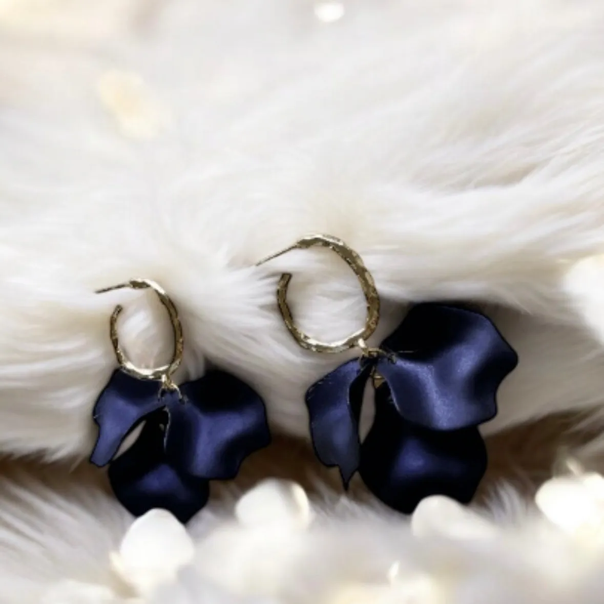 Blue - Navy blue flowers earrings | frosted irisdecent petals earrings | gold & blue floral earrings | bridal party wedding earrings
