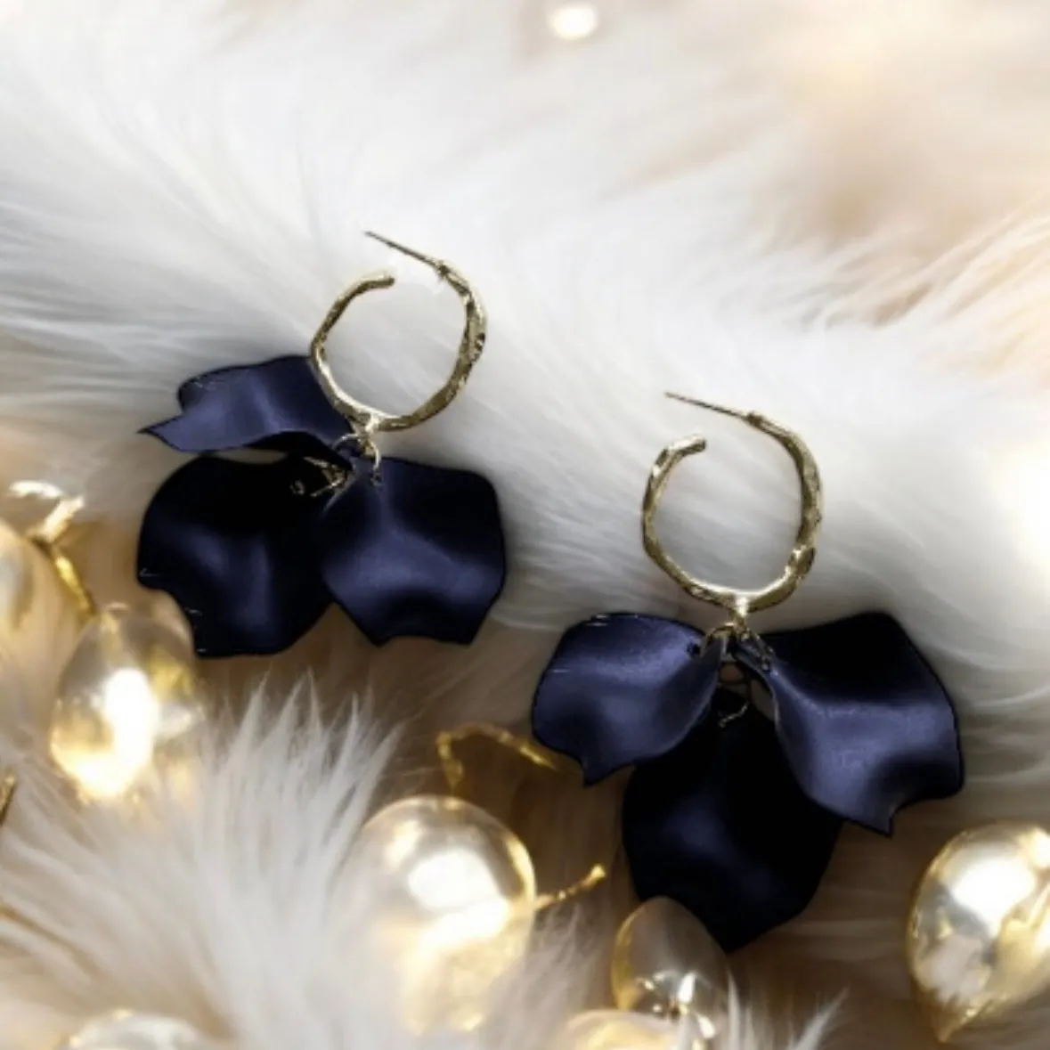 Blue - Navy blue flowers earrings | frosted irisdecent petals earrings | gold & blue floral earrings | bridal party wedding earrings