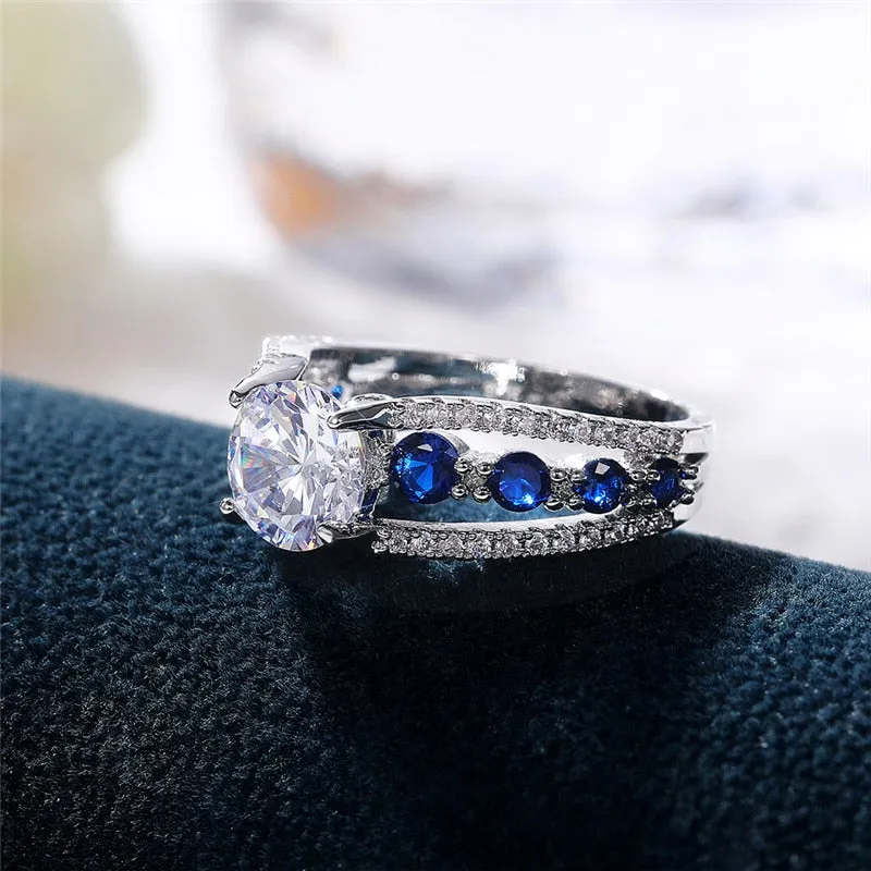 Blue Round Zircon Ring Wedding Women Engagement Jewelry