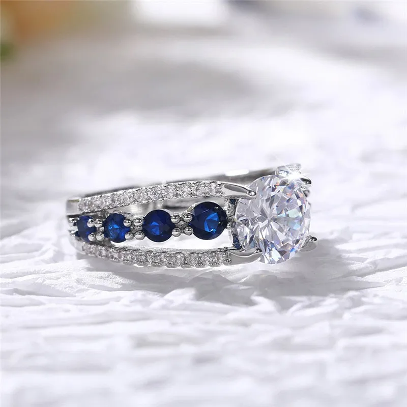 Blue Round Zircon Ring Wedding Women Engagement Jewelry