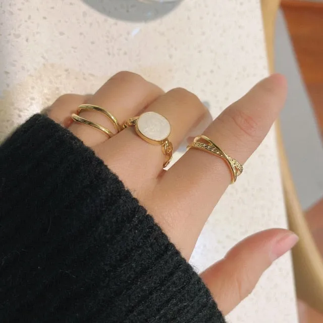 Bohemian 3pcs/set White Enamel Round Metal Ring Sets Geometric Twist Open Adjustable Rings Sets for Women Girl Jewelry Gifts