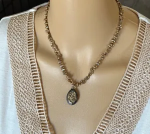 Boho Chic Gold Pearl Beaded Necklace with Artisan Crystal Pendant