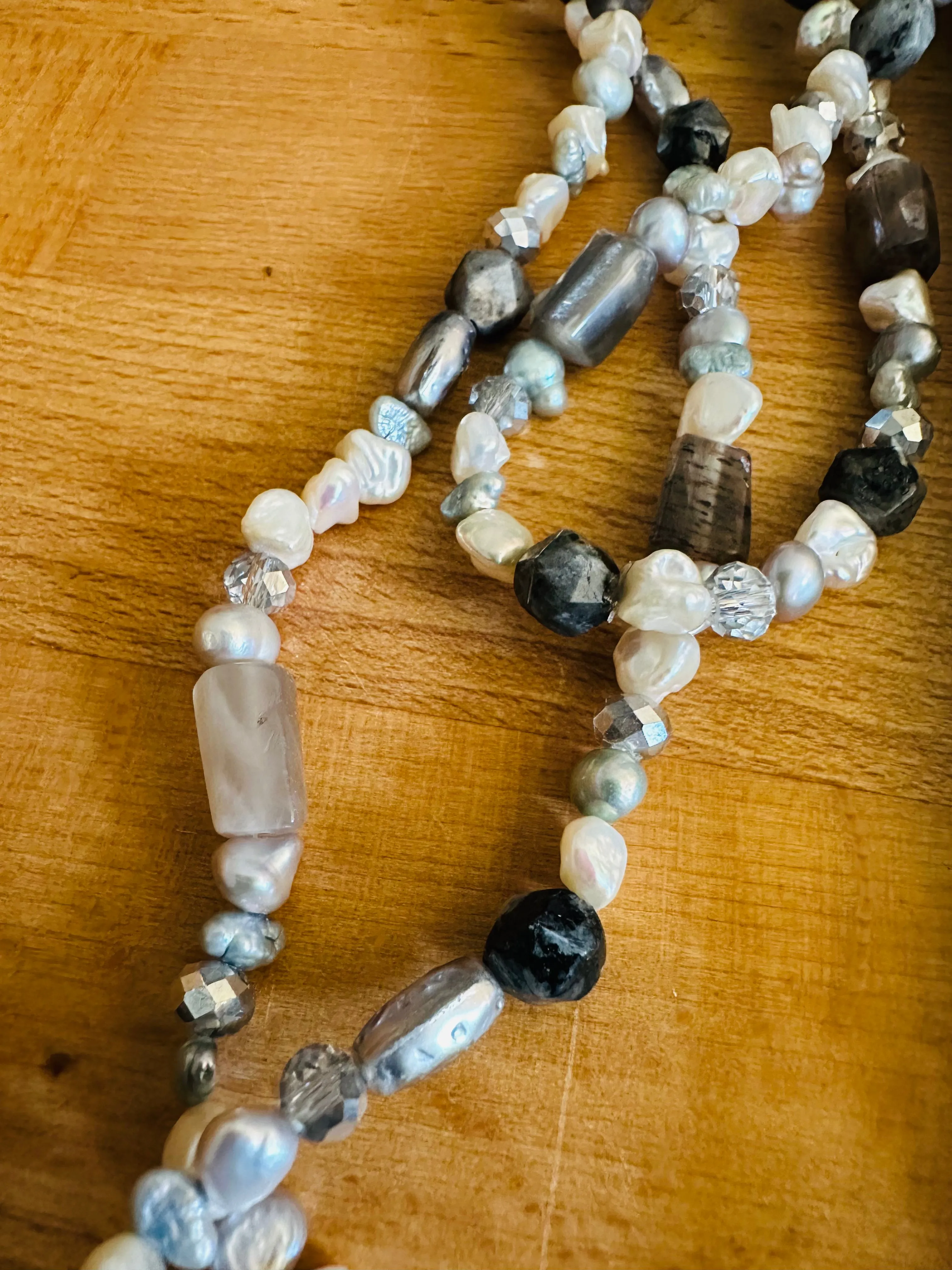 Boho Chic Silver Gray and White Pearl Necklace with Gemstones and Crystals