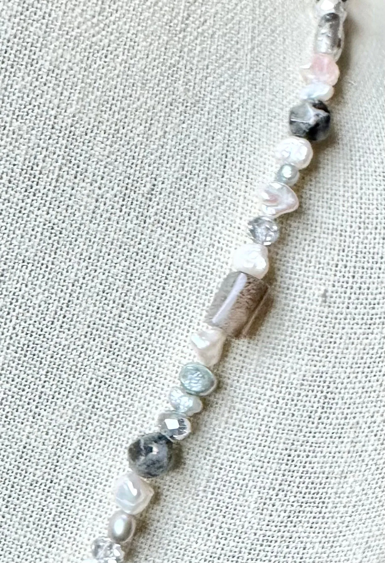 Boho Chic Silver Gray and White Pearl Necklace with Gemstones and Crystals
