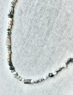 Boho Chic Silver Gray and White Pearl Necklace with Gemstones and Crystals