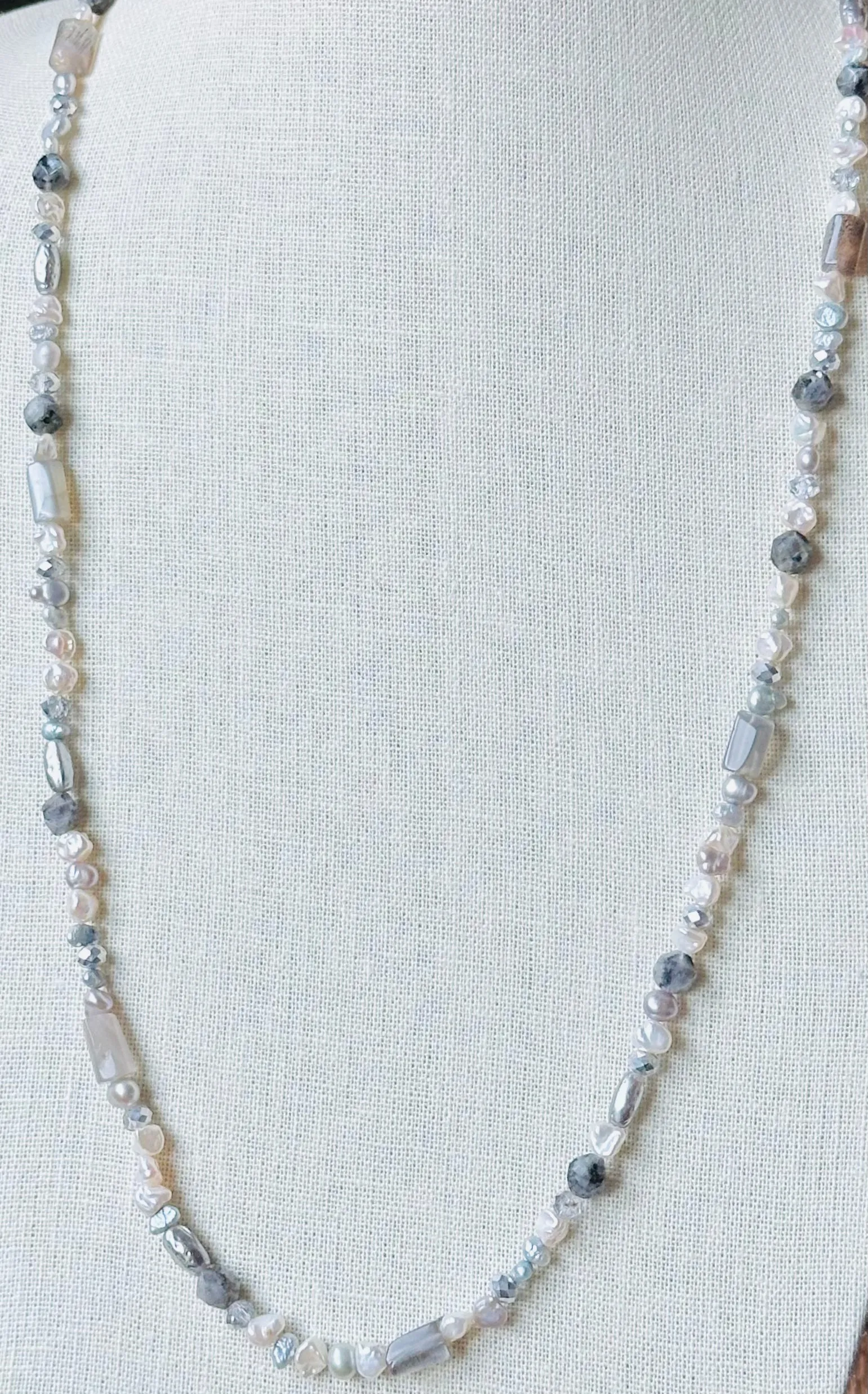 Boho Chic Silver Gray and White Pearl Necklace with Gemstones and Crystals