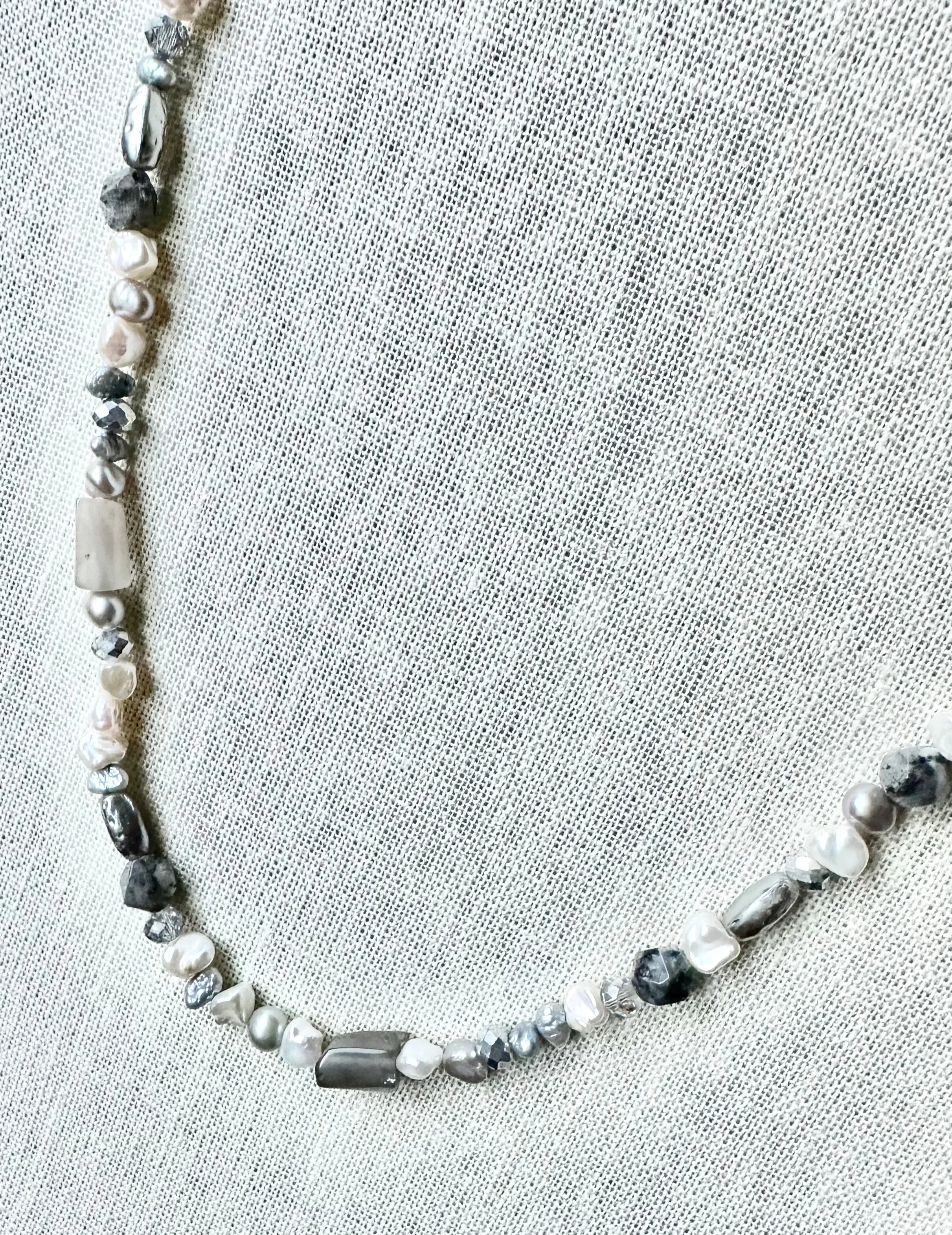 Boho Chic Silver Gray and White Pearl Necklace with Gemstones and Crystals