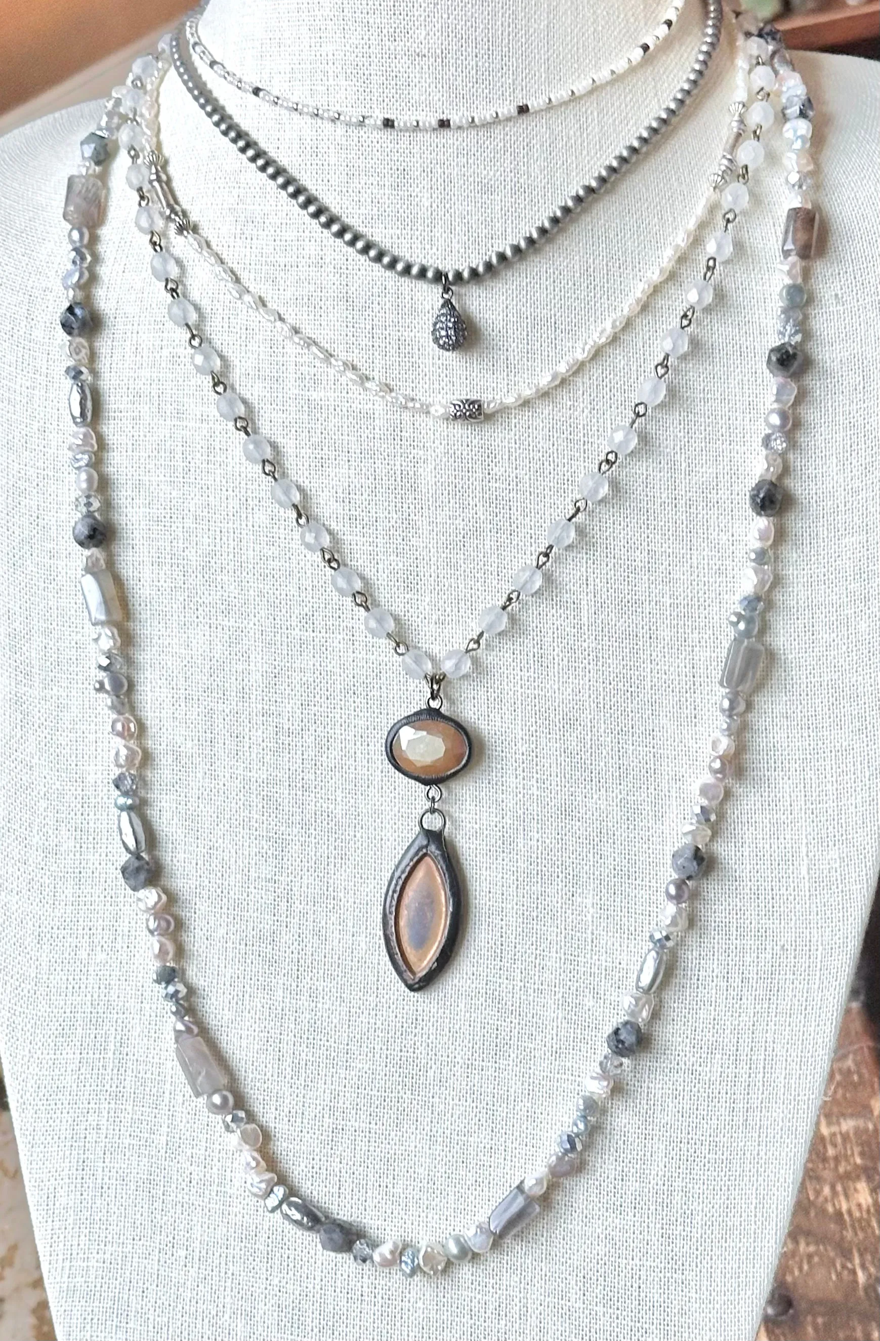 Boho Chic Silver Gray and White Pearl Necklace with Gemstones and Crystals