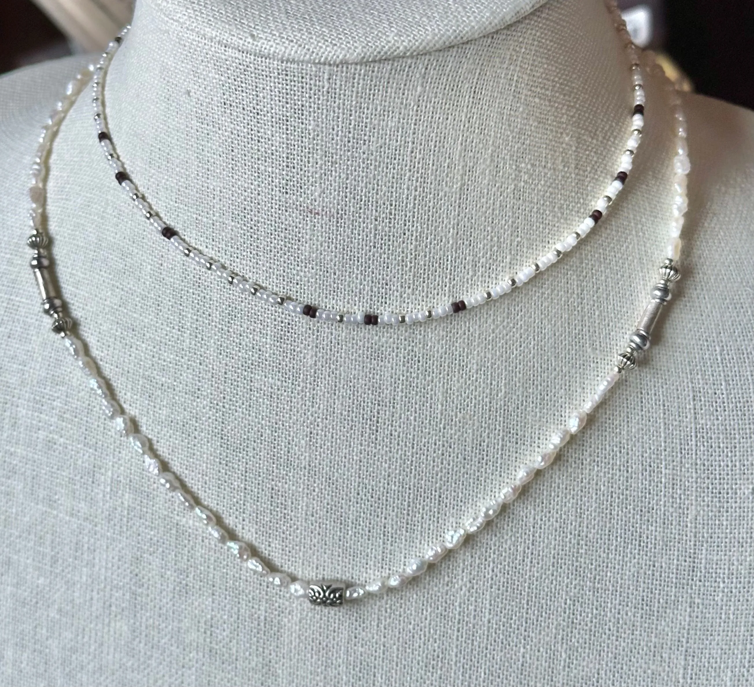 Boho Chic White Pearl Bead Choker White Brown Silver Shiny