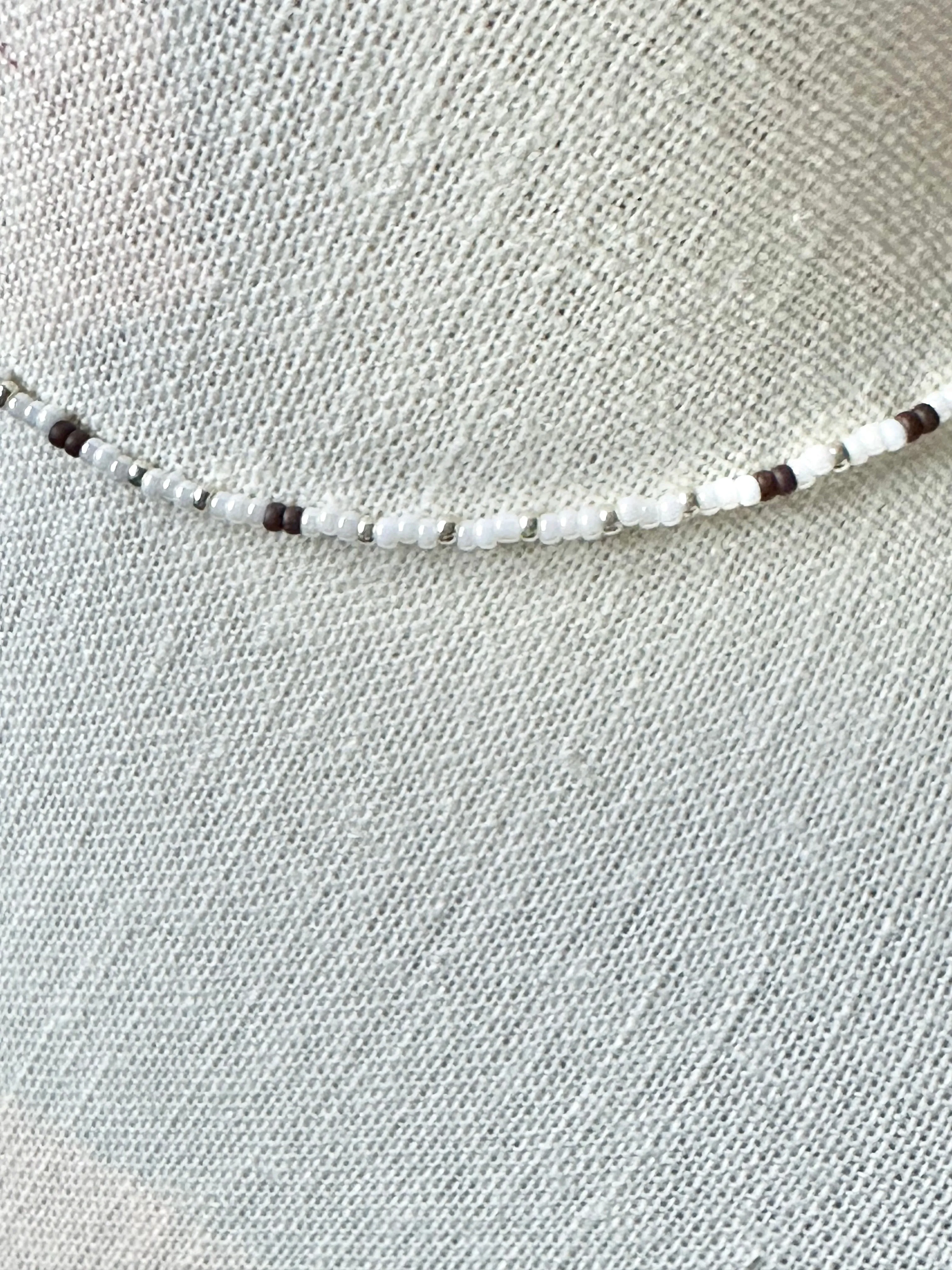 Boho Chic White Pearl Bead Choker White Brown Silver Shiny