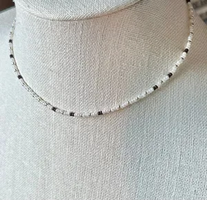 Boho Chic White Pearl Bead Choker White Brown Silver Shiny