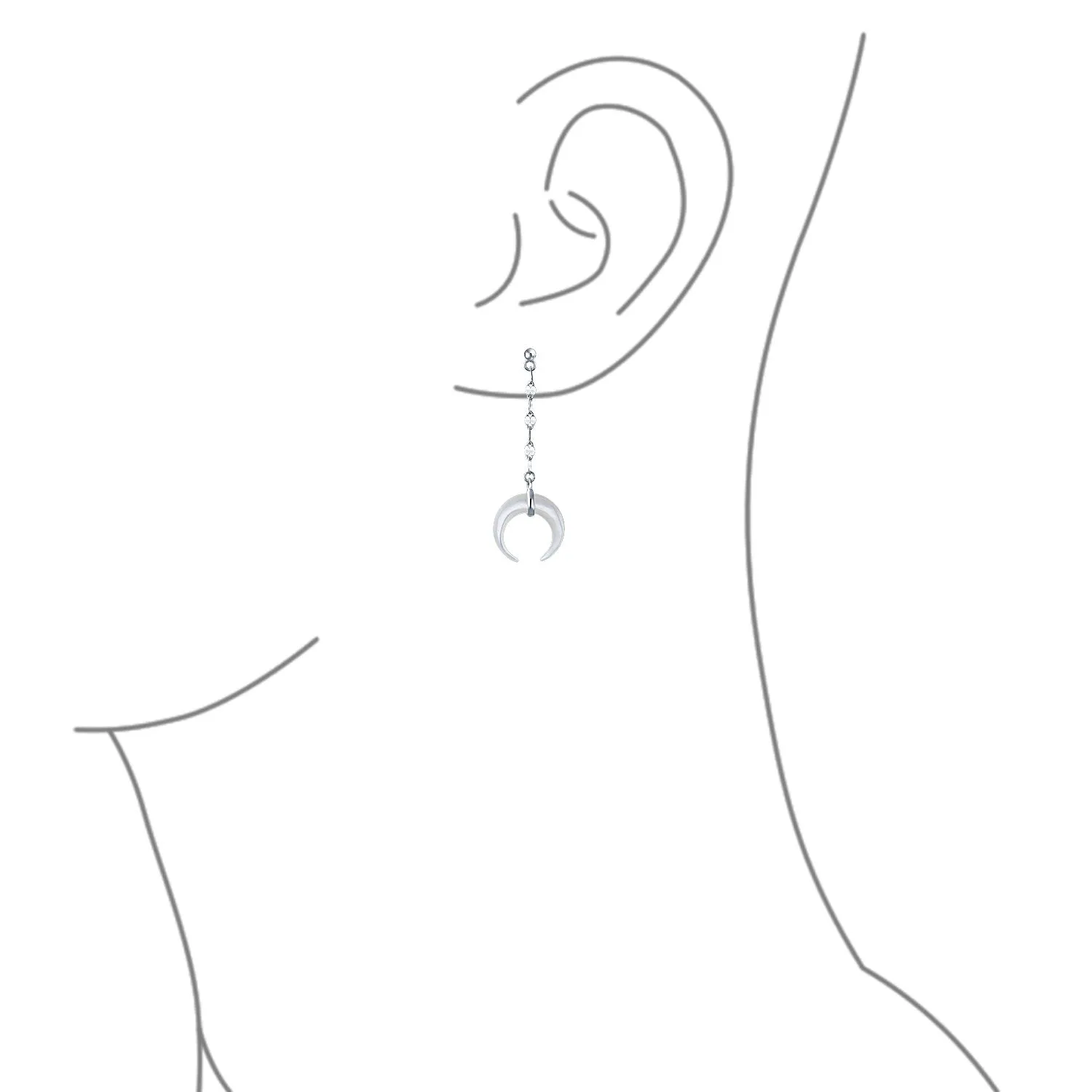 Boho Crescent Moon White Shell Celestial Horn Dangle Earrings in Sterling Silver