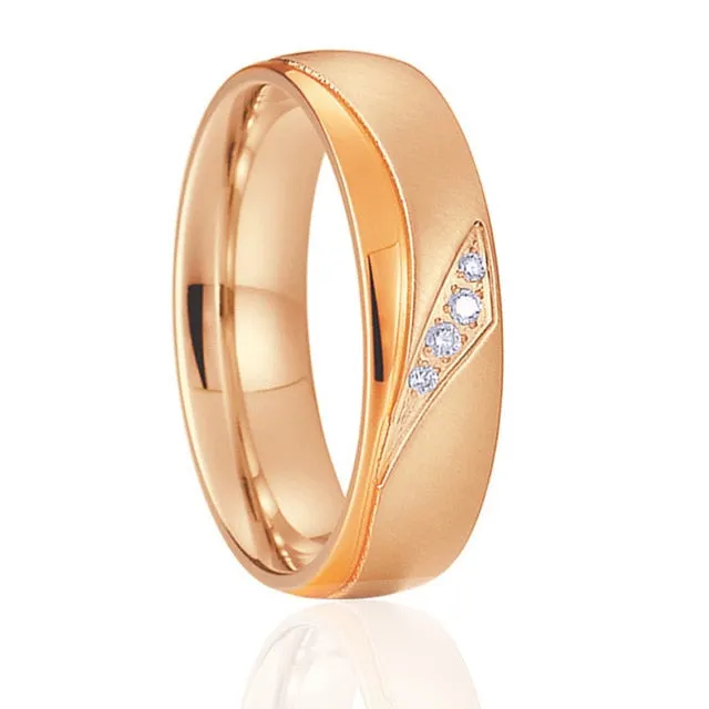 Brushed and Polished Rose Gold Cubic Zirconia Titanium Wedding Ring Set