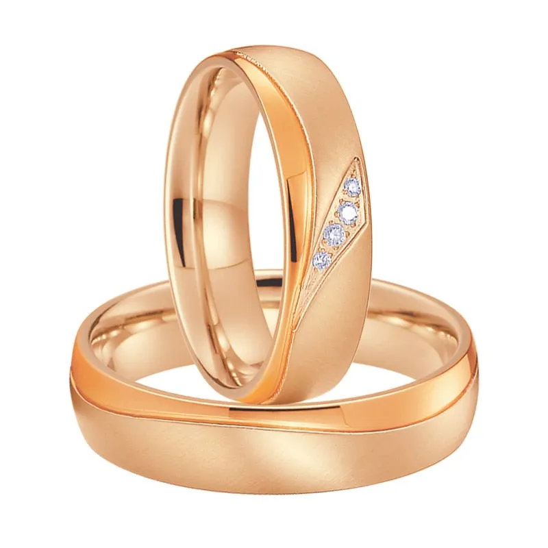 Brushed and Polished Rose Gold Cubic Zirconia Titanium Wedding Ring Set