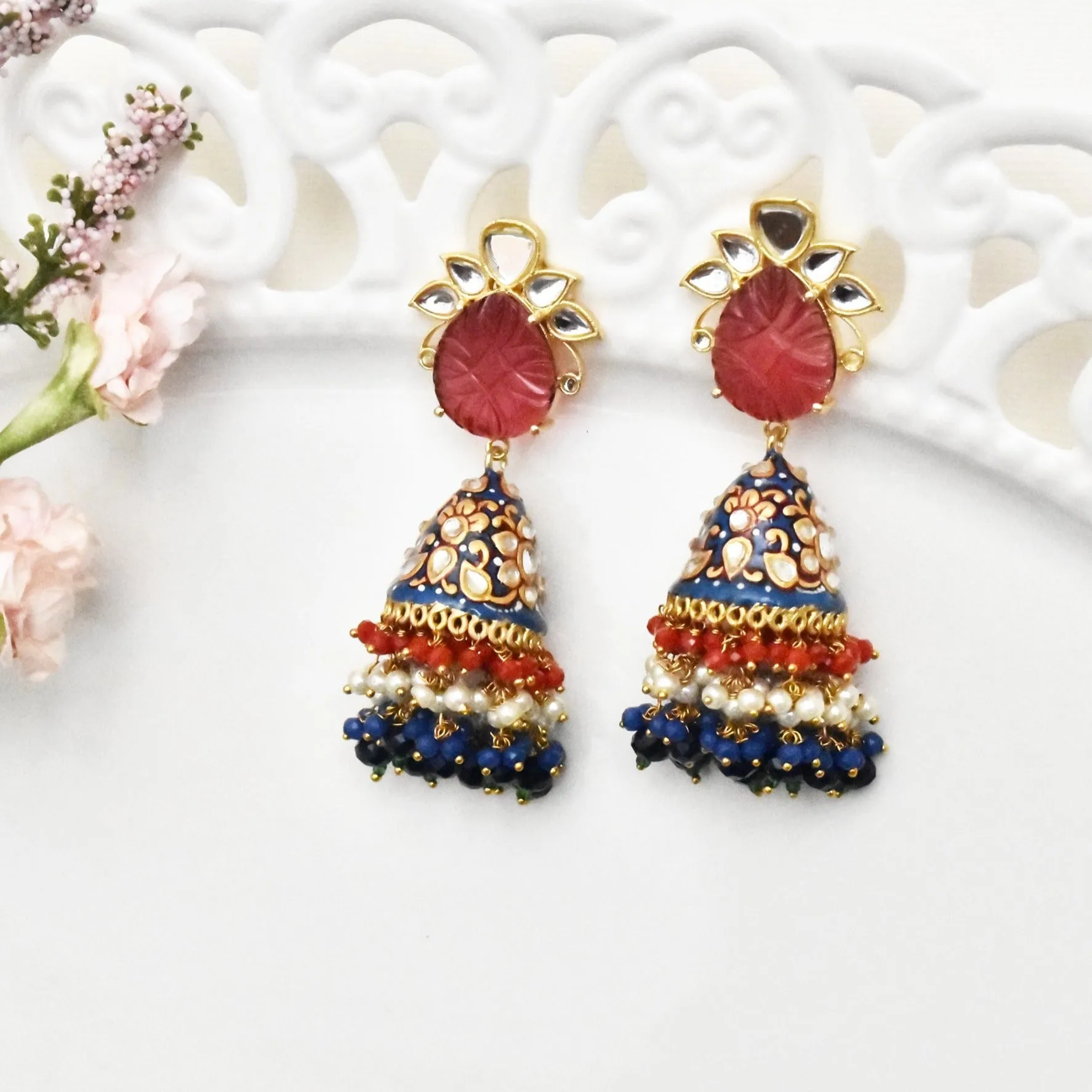 Bushra Meenakari Carved Stone Earrings