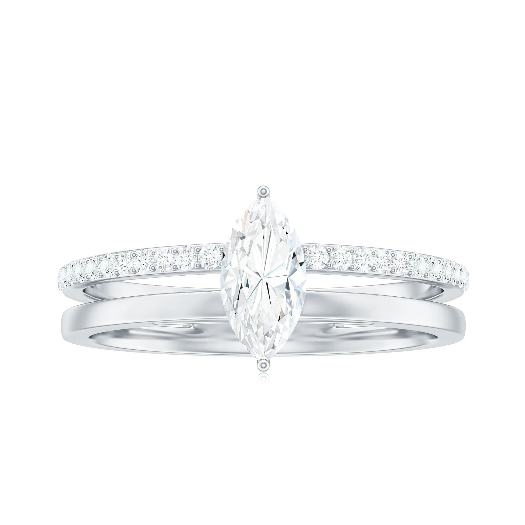 Certified Marquise Cut Moissanite Solitaire Double Band Ring