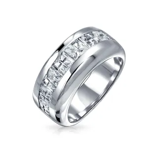 Channel Set Cubic Zirconia Blue Clear CZ Invisible Cut Wedding Band Silver 9MM