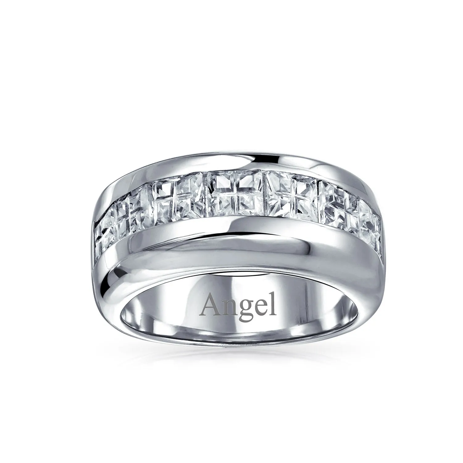 Channel Set Cubic Zirconia Blue Clear CZ Invisible Cut Wedding Band Silver 9MM