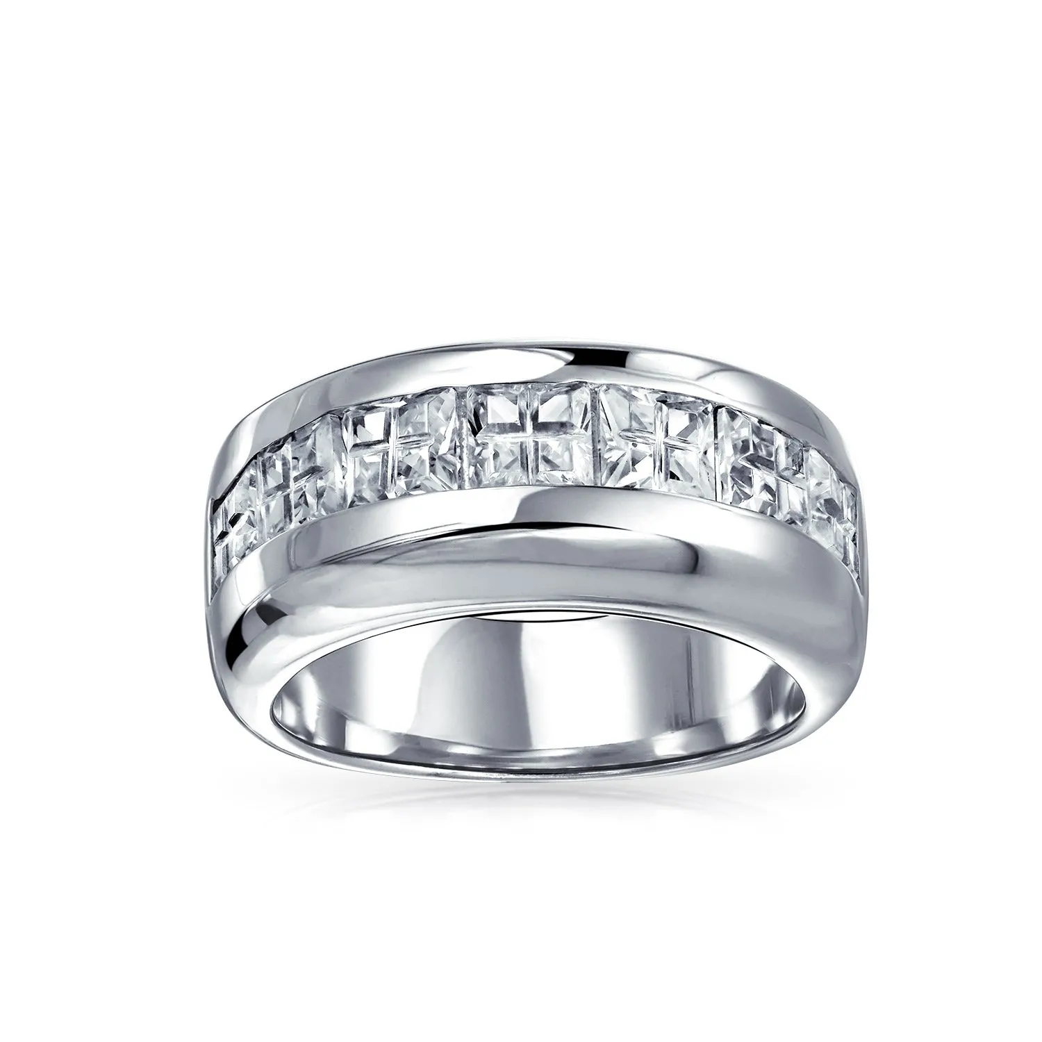 Channel Set Cubic Zirconia Blue Clear CZ Invisible Cut Wedding Band Silver 9MM