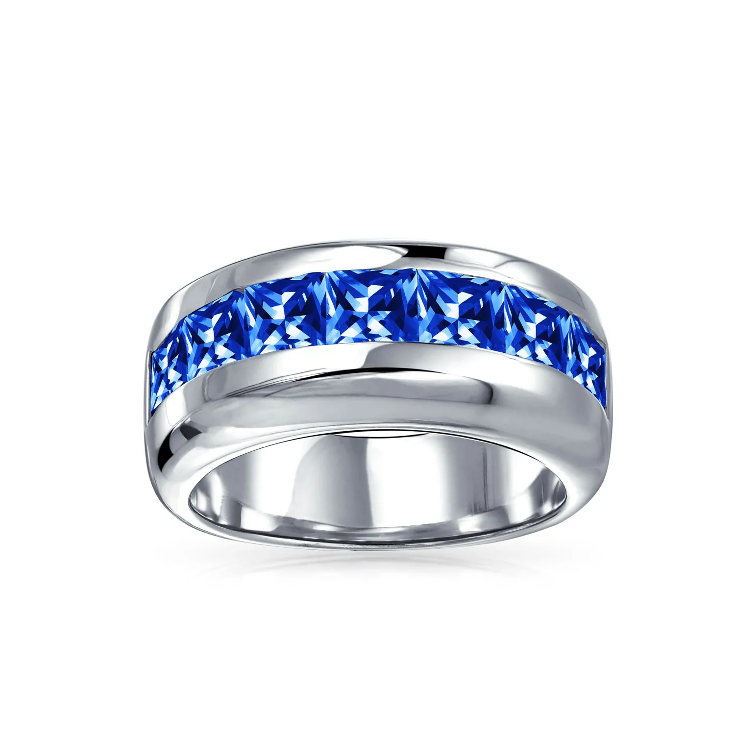 Channel Set Cubic Zirconia Blue Clear CZ Invisible Cut Wedding Band Silver 9MM