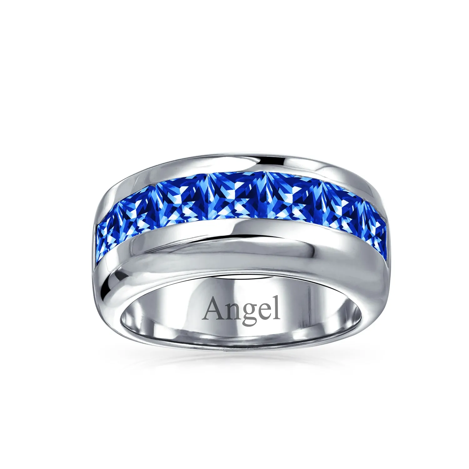 Channel Set Cubic Zirconia Blue Clear CZ Invisible Cut Wedding Band Silver 9MM