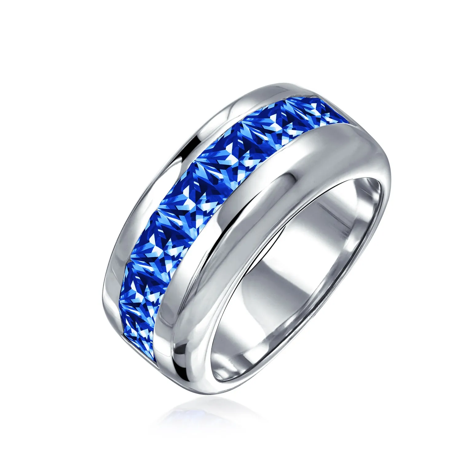 Channel Set Cubic Zirconia Blue Clear CZ Invisible Cut Wedding Band Silver 9MM