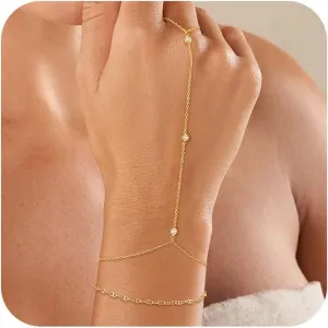 CHESKY 2Pcs Hand Chain Bracelet for Women, Dainty 14k Gold Plated Ring Bracelets Hand Chain Non Tarnish Simple Cuff Evil Eye CZ Bracelets Adjustable Nail Bracelet Gold Hand Jewelry for Women