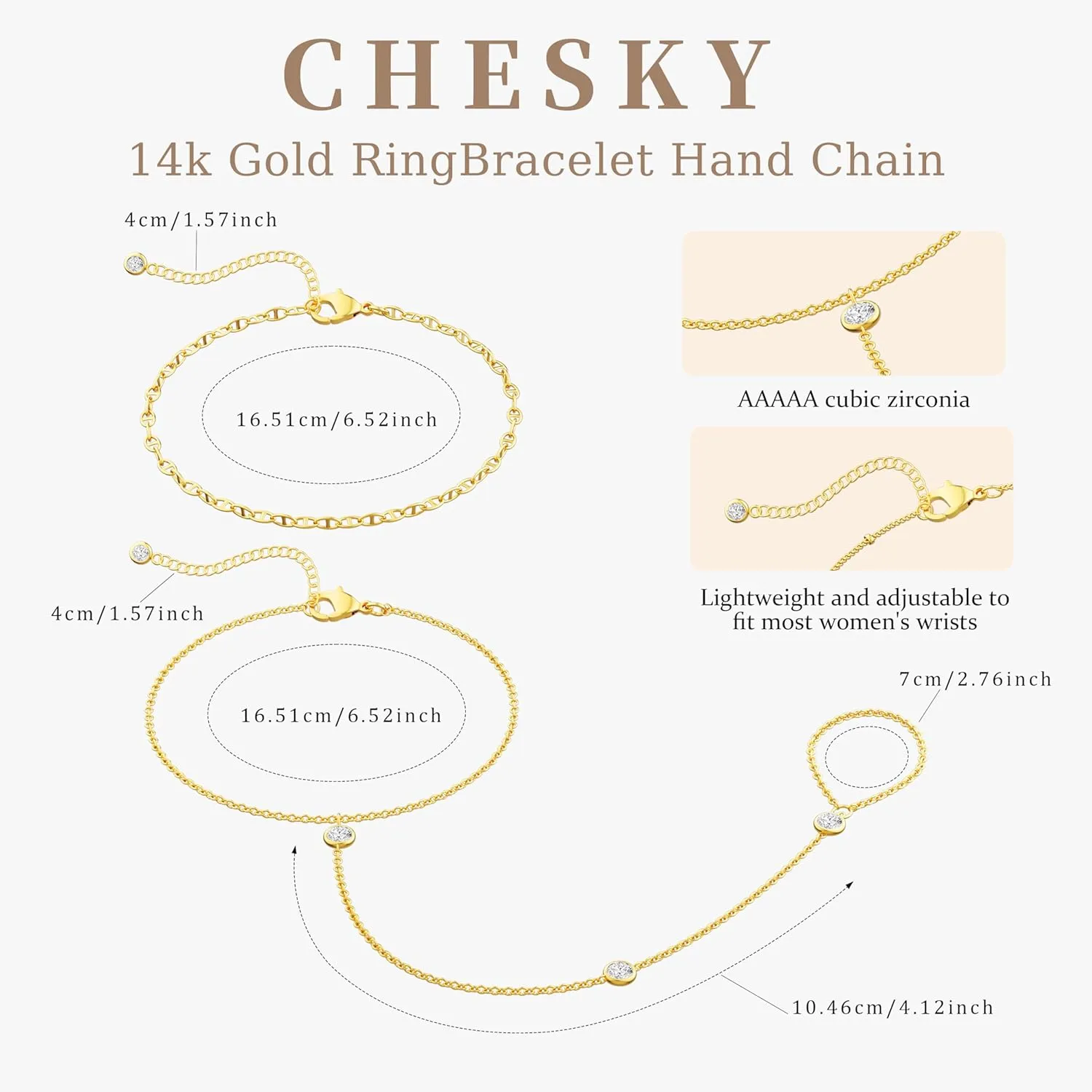 CHESKY 2Pcs Hand Chain Bracelet for Women, Dainty 14k Gold Plated Ring Bracelets Hand Chain Non Tarnish Simple Cuff Evil Eye CZ Bracelets Adjustable Nail Bracelet Gold Hand Jewelry for Women