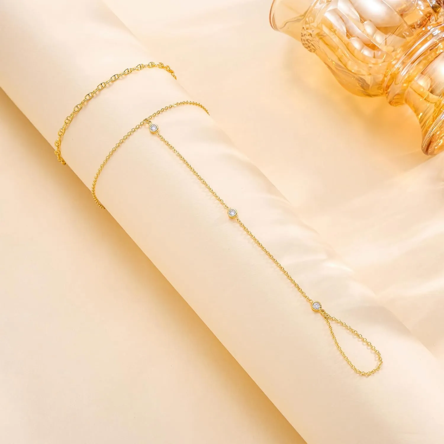 CHESKY 2Pcs Hand Chain Bracelet for Women, Dainty 14k Gold Plated Ring Bracelets Hand Chain Non Tarnish Simple Cuff Evil Eye CZ Bracelets Adjustable Nail Bracelet Gold Hand Jewelry for Women