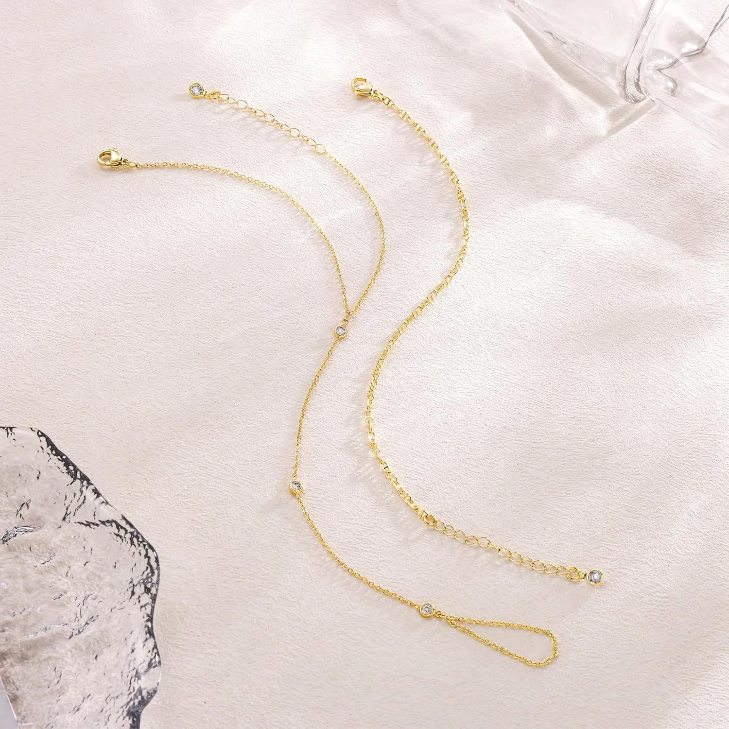 CHESKY 2Pcs Hand Chain Bracelet for Women, Dainty 14k Gold Plated Ring Bracelets Hand Chain Non Tarnish Simple Cuff Evil Eye CZ Bracelets Adjustable Nail Bracelet Gold Hand Jewelry for Women