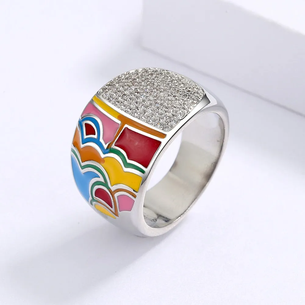 Chinese Style Moire Enamel Rings for Women with Zircon in 925 Sterling Silver