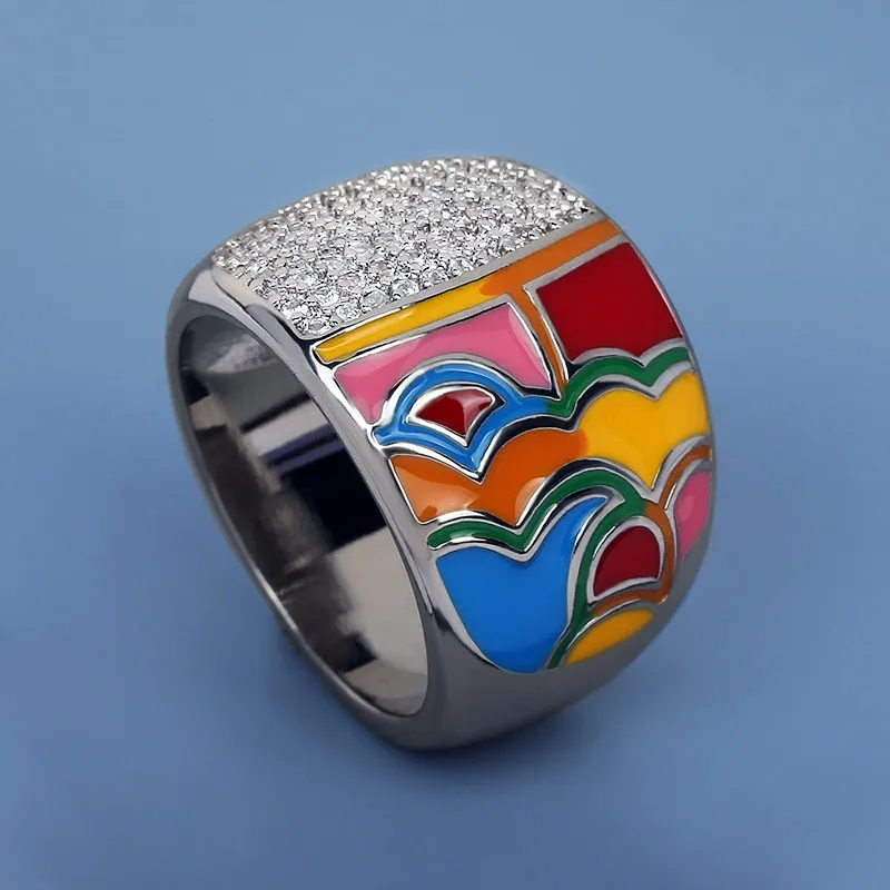 Chinese Style Moire Enamel Rings for Women with Zircon in 925 Sterling Silver