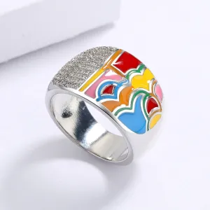 Chinese Style Moire Enamel Rings for Women with Zircon in 925 Sterling Silver
