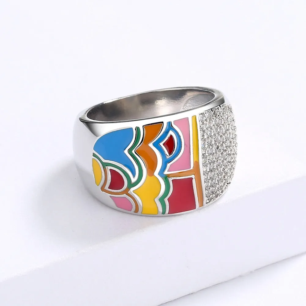 Chinese Style Moire Enamel Rings for Women with Zircon in 925 Sterling Silver