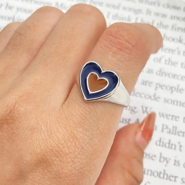 Chunky Colorful Love Heart Yin Yang Rings for Women Girl Gold Silver Color Drip Metal Finger Matching Ring Trendy Party Jewelry