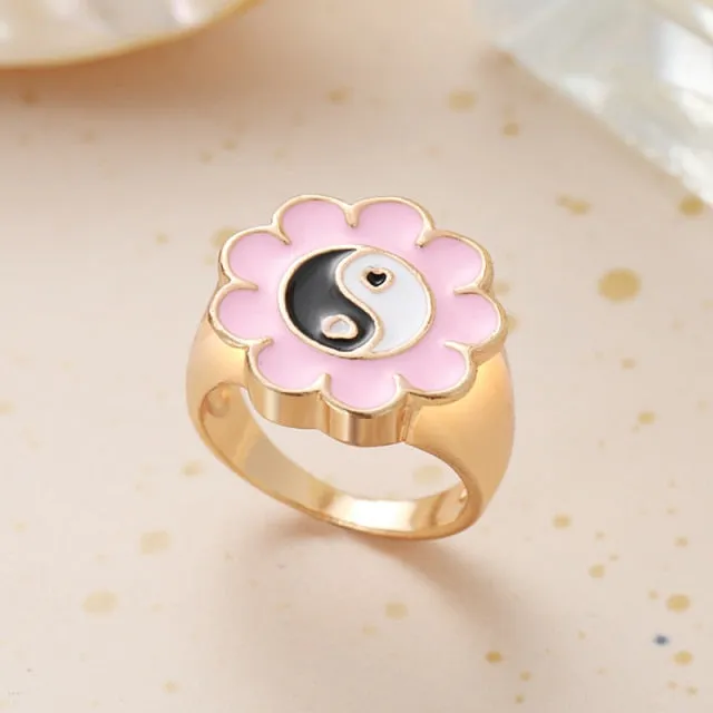 Chunky Colorful Love Heart Yin Yang Rings for Women Girl Gold Silver Color Drip Metal Finger Matching Ring Trendy Party Jewelry
