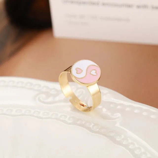 Chunky Colorful Love Heart Yin Yang Rings for Women Girl Gold Silver Color Drip Metal Finger Matching Ring Trendy Party Jewelry