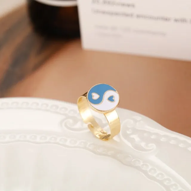 Chunky Colorful Love Heart Yin Yang Rings for Women Girl Gold Silver Color Drip Metal Finger Matching Ring Trendy Party Jewelry