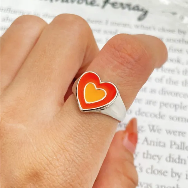 Chunky Colorful Love Heart Yin Yang Rings for Women Girl Gold Silver Color Drip Metal Finger Matching Ring Trendy Party Jewelry