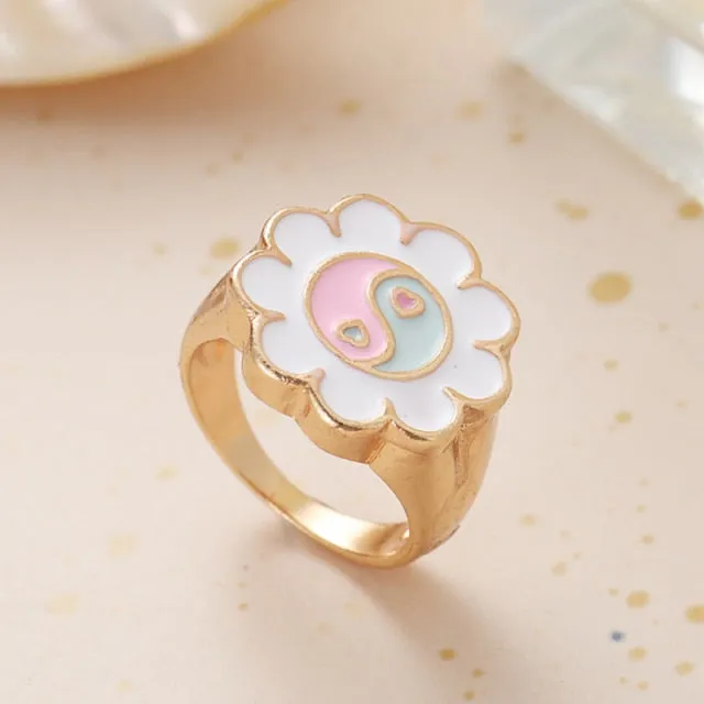 Chunky Colorful Love Heart Yin Yang Rings for Women Girl Gold Silver Color Drip Metal Finger Matching Ring Trendy Party Jewelry