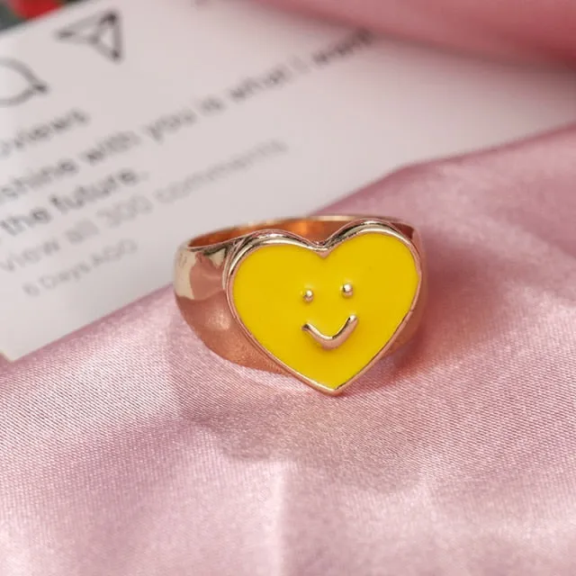 Chunky Colorful Love Heart Yin Yang Rings for Women Girl Gold Silver Color Drip Metal Finger Matching Ring Trendy Party Jewelry