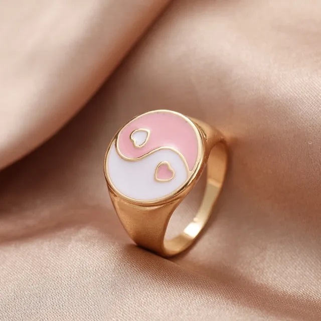 Chunky Colorful Love Heart Yin Yang Rings for Women Girl Gold Silver Color Drip Metal Finger Matching Ring Trendy Party Jewelry