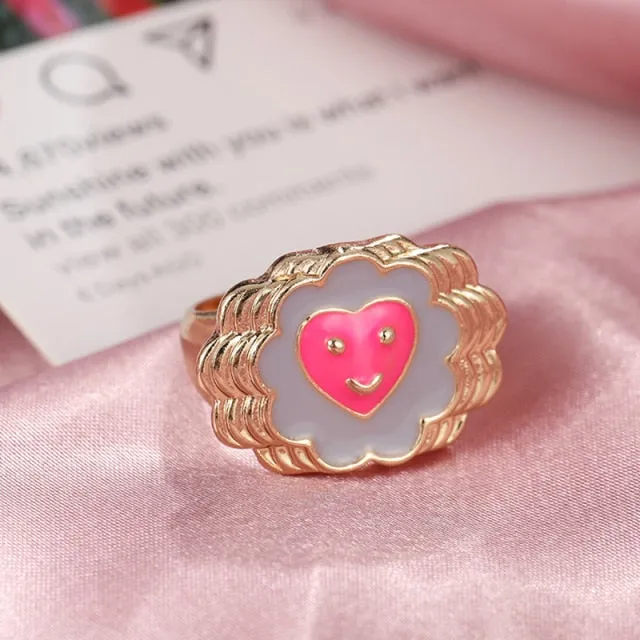 Chunky Colorful Love Heart Yin Yang Rings for Women Girl Gold Silver Color Drip Metal Finger Matching Ring Trendy Party Jewelry