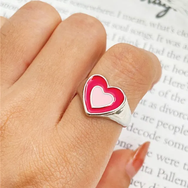 Chunky Colorful Love Heart Yin Yang Rings for Women Girl Gold Silver Color Drip Metal Finger Matching Ring Trendy Party Jewelry