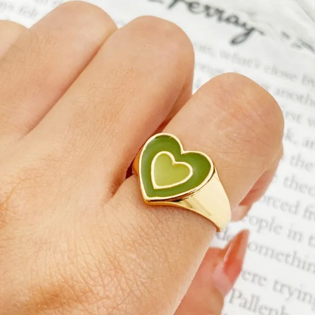 Chunky Colorful Love Heart Yin Yang Rings for Women Girl Gold Silver Color Drip Metal Finger Matching Ring Trendy Party Jewelry