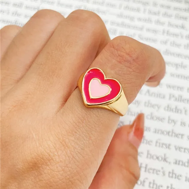 Chunky Colorful Love Heart Yin Yang Rings for Women Girl Gold Silver Color Drip Metal Finger Matching Ring Trendy Party Jewelry