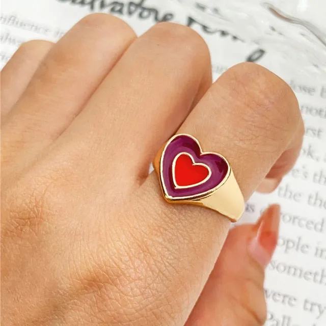 Chunky Colorful Love Heart Yin Yang Rings for Women Girl Gold Silver Color Drip Metal Finger Matching Ring Trendy Party Jewelry